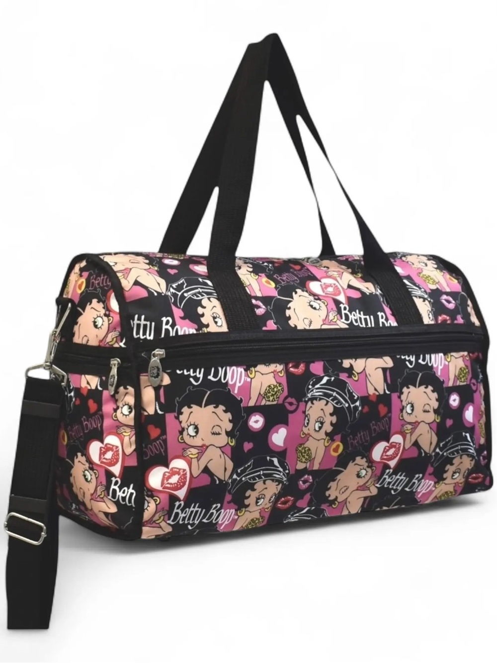 Betty Boop Black and Pink Cartoon Print Duffel Bag